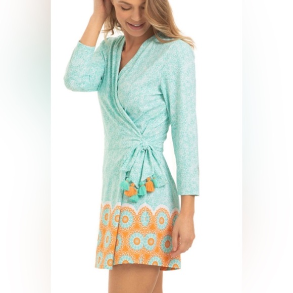 Cabana Life Pants - Cabana Life Women’s Wrap Romper L Blue Orange Long Sleeve Tassel Tie Boho Resort